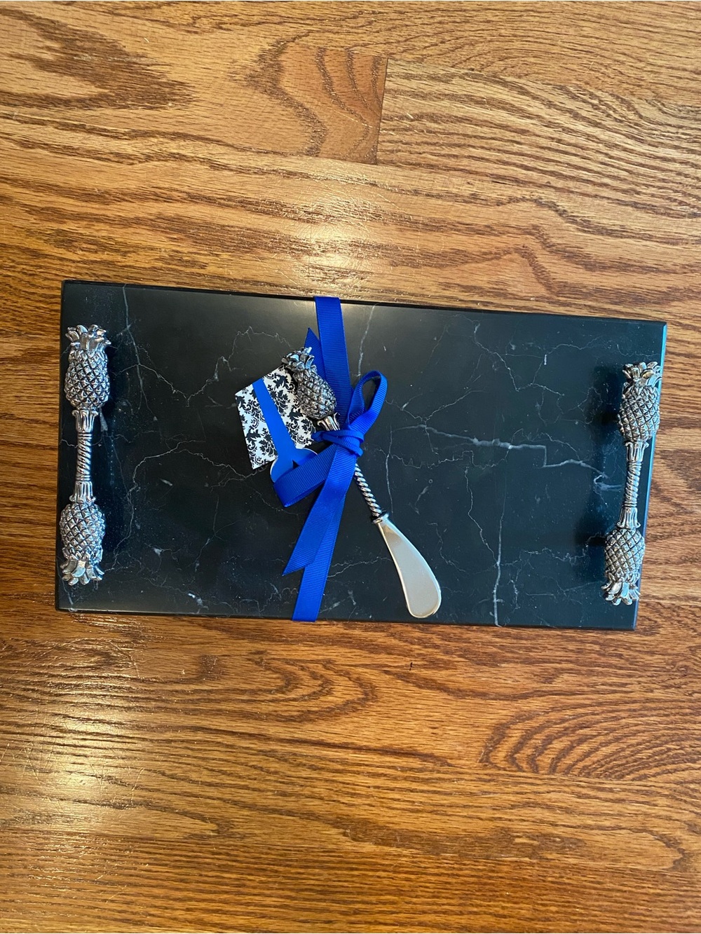 Mud Pie Black Marble-Style Serving Board with Silver Pineapple Handles
